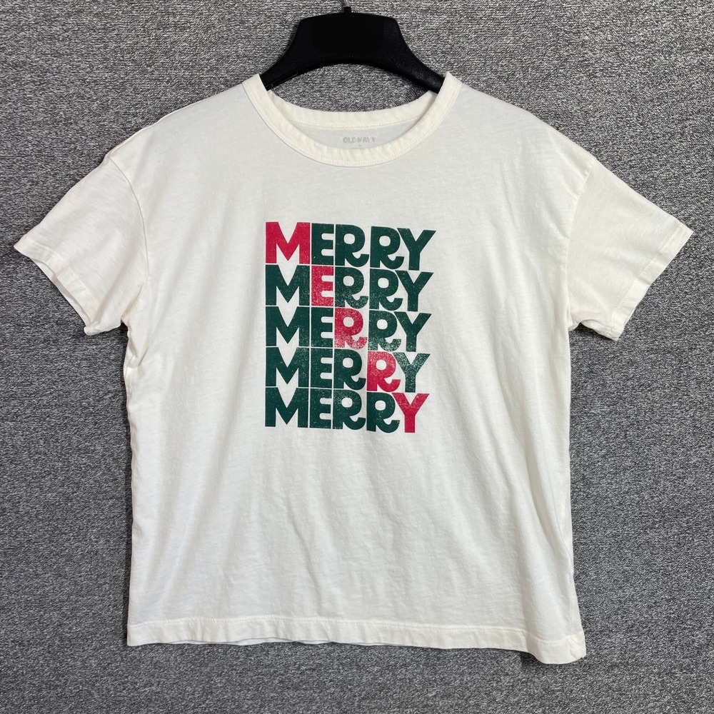Old Navy T-Shirt Womens Merry Graphic Tee White Red Green Christmas  Small